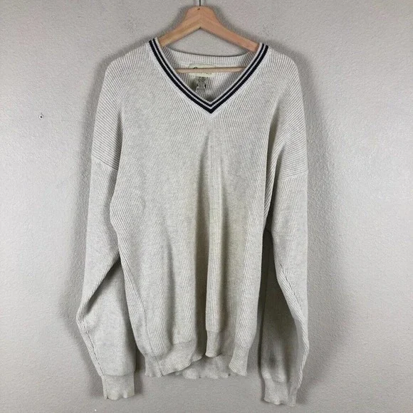 EDDIE Bauer Sweater Cream Knit Varsity Stripe V Pullover Casual Sz X Large Tall - Picture 2 of 13